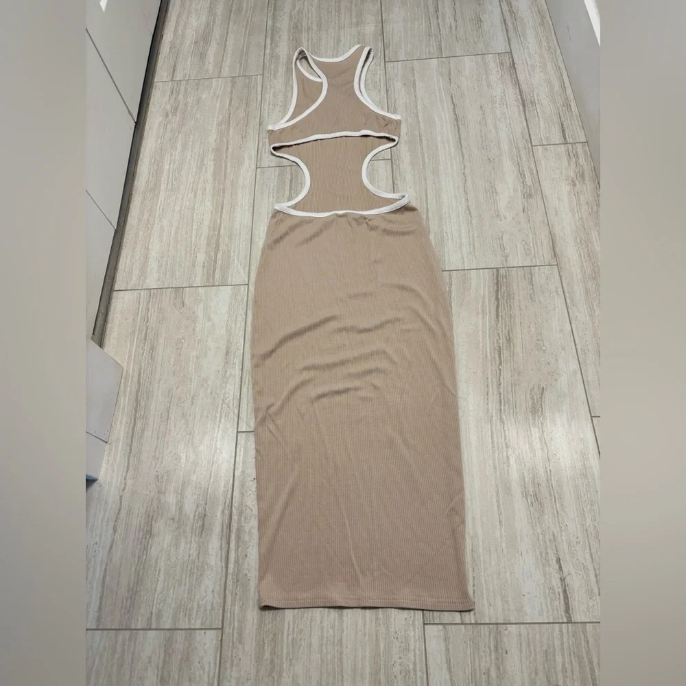 Amazon Women’s Tan White Cut Out Maxi Body Con Dress - Picture 3 of 4